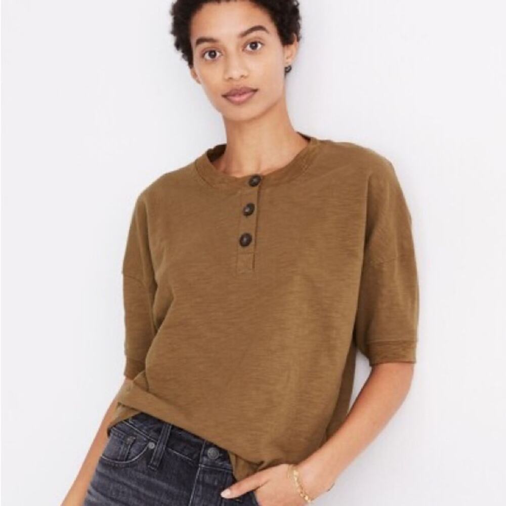 Madewell Raw Edge Henley Short Sleeve Shirt Olive Tan Size XS